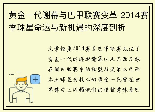 黄金一代谢幕与巴甲联赛变革 2014赛季球星命运与新机遇的深度剖析