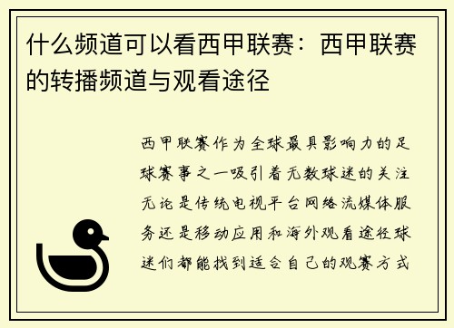 什么频道可以看西甲联赛：西甲联赛的转播频道与观看途径